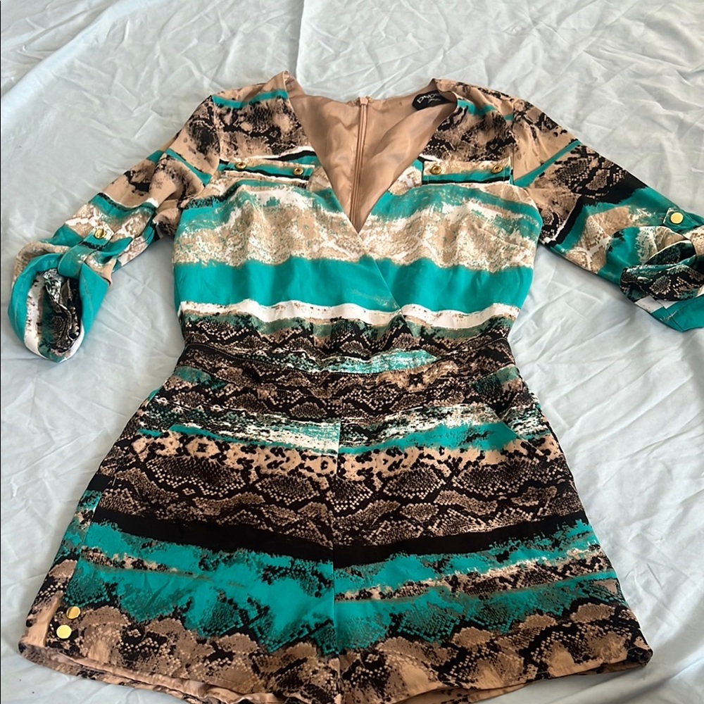 Bebe Teal and Tan Snake Print Dress